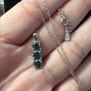 Elegant 3 stone Rainbow Blue Moissanite Pendant on Sterling Silver Necklace